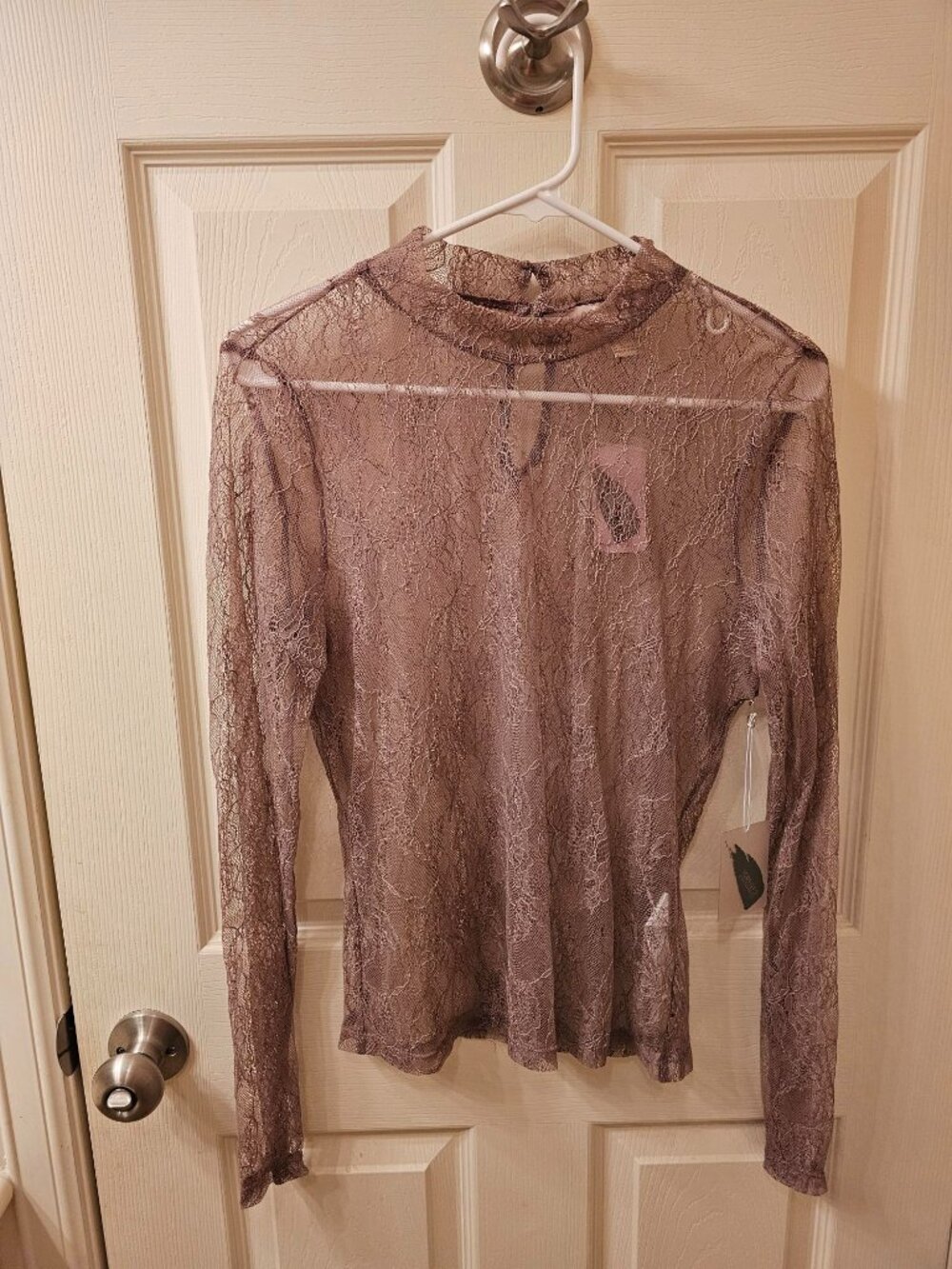 NWT Forever 21 XL Taupe Lace Sheer Mock Neck Blouse
